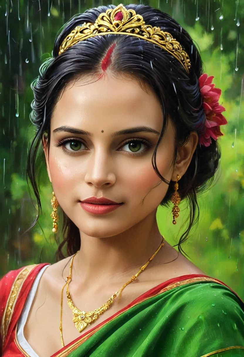 Retrato de 8k de uma mulher bonita em saree verde com blusa sem mangas e ombro de fora, Pulseiras verdes, monções, chuva, fluorescent horizon, pintura de campo colorido, sensação de profundidade e intriga, pinceladas digitais, , ilustrações Arte de Giovanni Boldini, Bastien Lecouf-Degarmé, Carn Griffiths, e. Abramzon, Rafael, Caravaggio, Coby Whitmore , Ticiano, Leonardo da Vinci, 8K hiper-realista