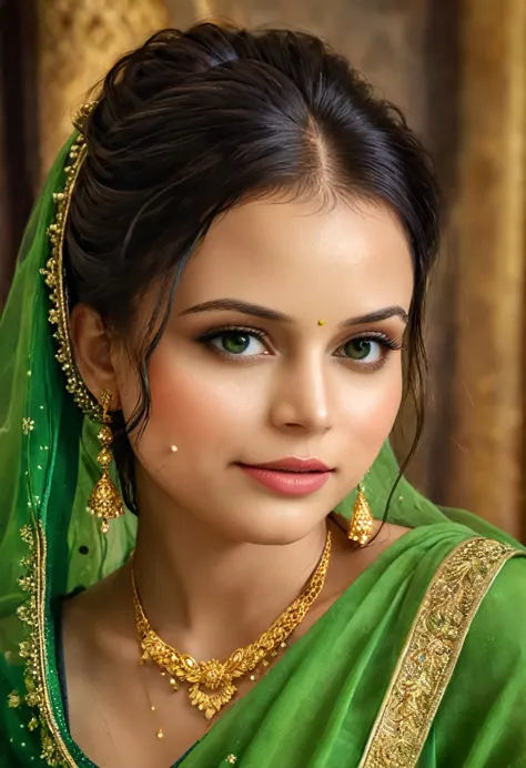8k portrait of a beautiful women in green saree, off shoulder blouse, green bangles, momsoon, rain, fluorescent horizon, color f...