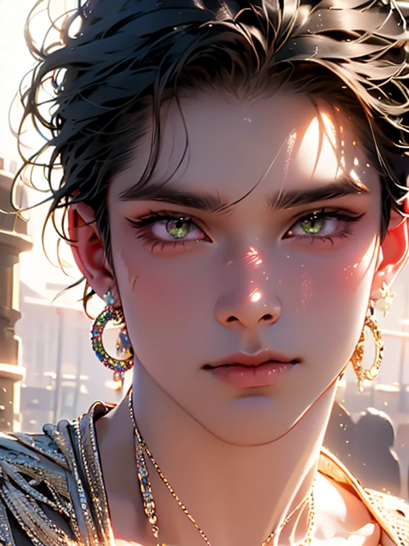 The magical look of a boy with wavy black hair, Rainbow eyes , sparkling eyes ! just sparkles from the eyes - such a piercing look !! dark skin, Cute boy, boy with a beautiful face, Realistic anime style . Mysterious magic surrounds him !against the backdrop of the universe , with flashing lightning