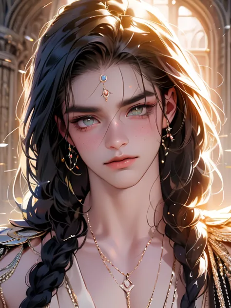 the magical look of a boy with wavy black hair, rainbow eyes , sparkling eyes ! just sparkles from the eyes - such a piercing lo...