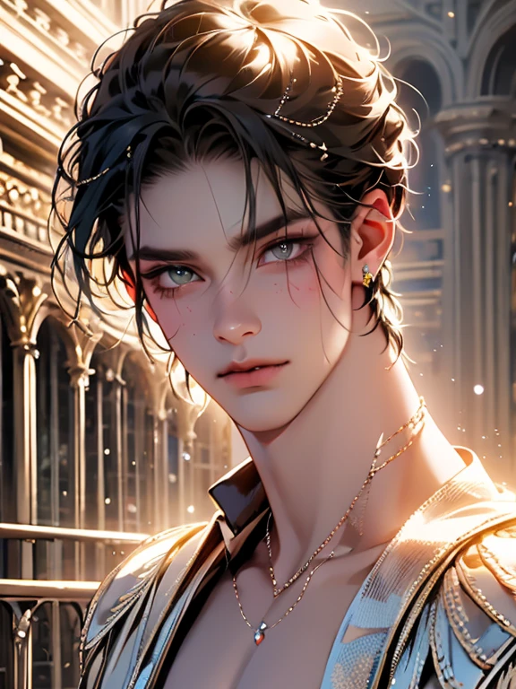 The magical look of a boy with wavy black hair, Rainbow eyes , sparkling eyes ! just sparkles from the eyes - such a piercing look !! dark skin, Cute boy, boy with a beautiful face, Realistic anime style . Mysterious magic surrounds him !against the backdrop of the universe , with flashing lightning