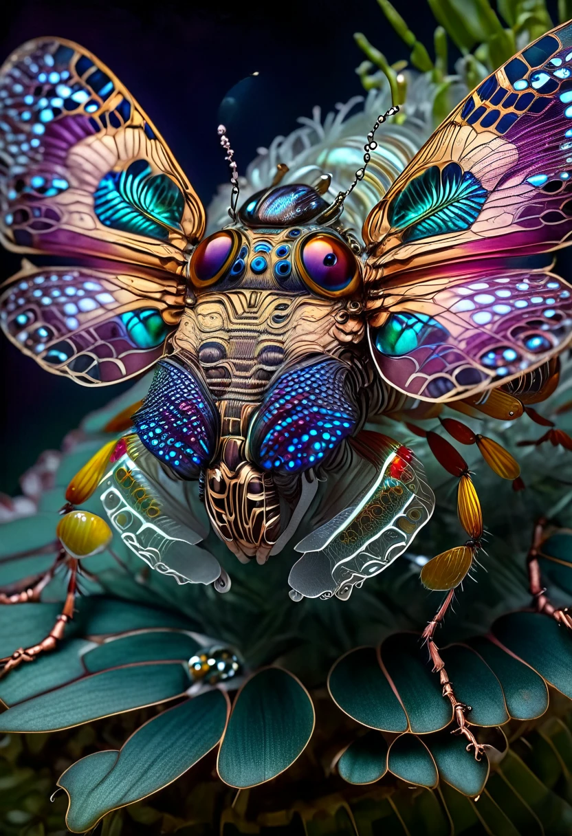 (fancy,horror,Macro Photography,realist:1.2), alien insect, vibrant colors, intricate details, Metallic exoskeleton, bulbous compound eyes, delicate translucent wings, insectoid legs, organic patterns, Lighting from another world