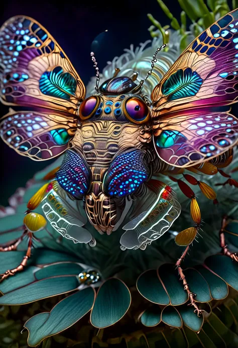 (fancy,horror,macro photography,realist:1.2), alien insect, vibrant colors, intricate details, metallic exoskeleton, bulbous com...