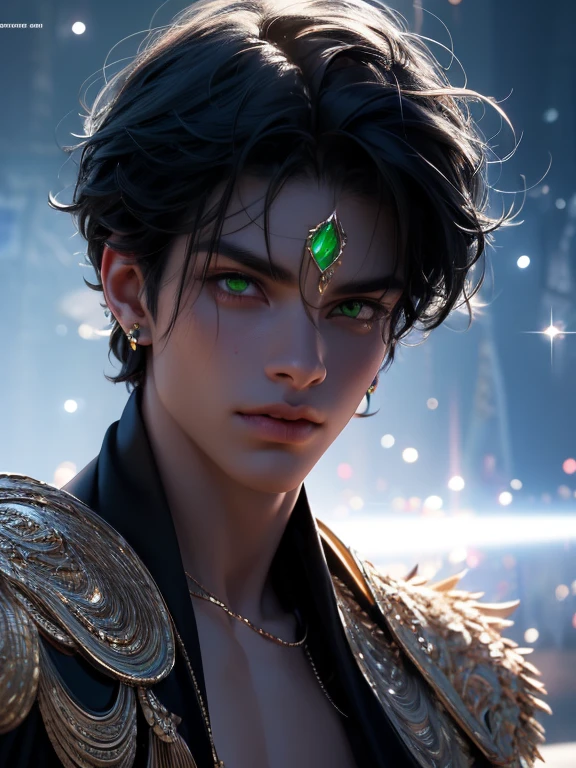 The magical look of a boy with wavy black hair, Emerald eyes , sparkling eyes ! just sparkles from the eyes - such a piercing look !! dark skin, Cute boy, boy with a beautiful face, Realistic anime style . Mysterious magic surrounds him !against the backdrop of the universe , with flashing lightning