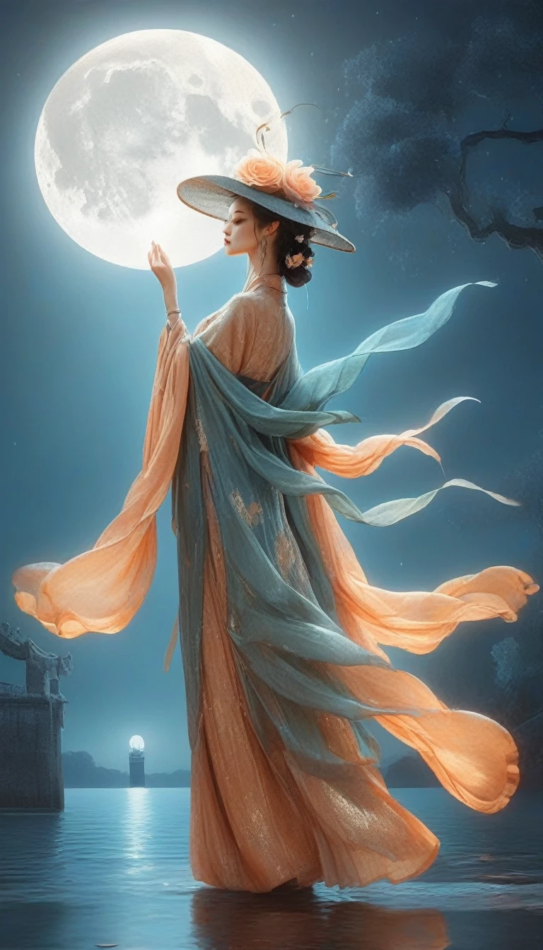 Frau in einem langen Kleid und Hut tanzt Tango mit einem Mann im Anzug auf einem Pier in der Nacht, digitale Kunst von Cyril Rolando, Gewinner des Pixabay-Wettbewerbs, digital art, zu Fuß in Richtung Vollmond, Wunderschön und geheimnisvoll, im Mondlicht stehen, Spaziergang im Mond, Im Mondlicht, der Mond hinter ihr, Mond-Göttin, atemberaubendes Mondlicht und Schatten, Fantasy-Fotografie