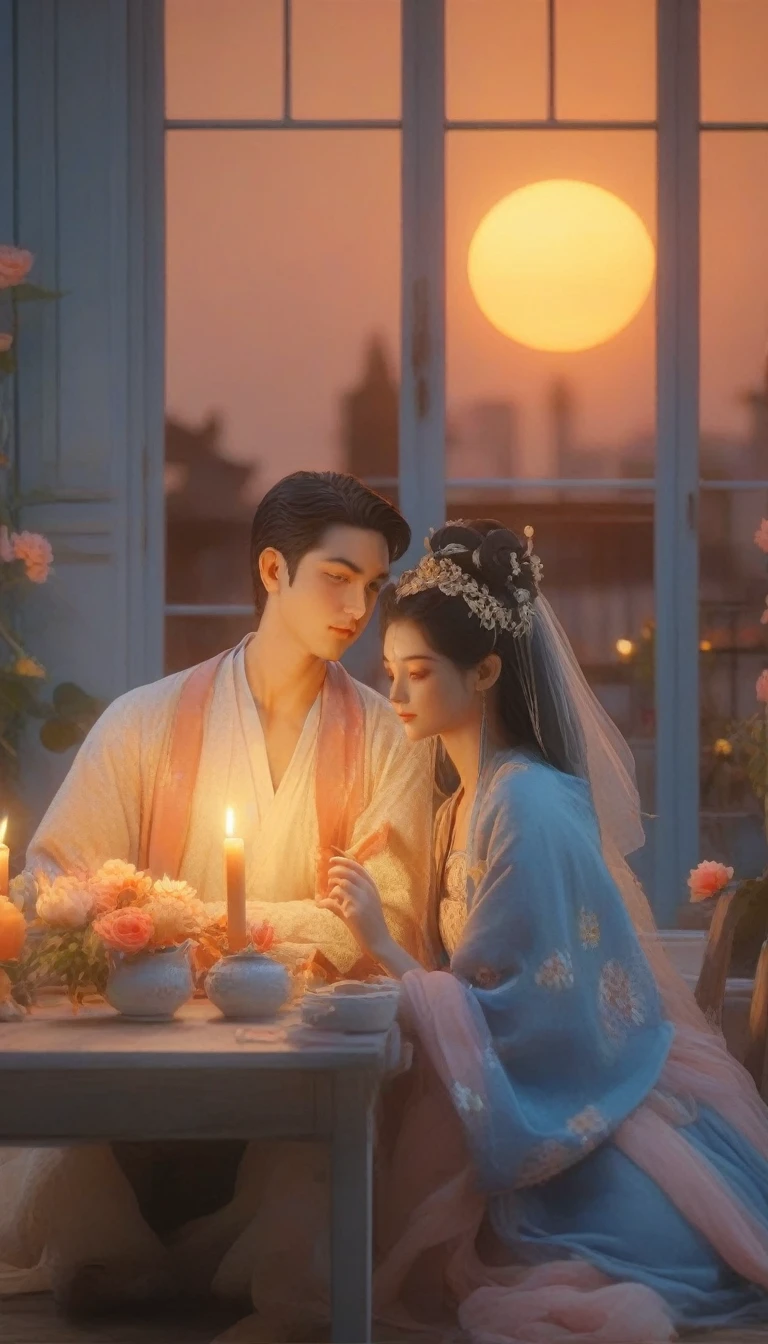 un homme et une femme assis à une table avec des bougies devant une fenêtre, gorgeous Romantique sunset, Romantique couple, Romantique scene, rooftop Romantique, dreamy and Romantique, in Romantique style, Romantique atmosphere, Romantique ambiente, Moteur irréel ; Romantique theme, ❤🔥🍄🌪, belle scène chaleureuse, Romantique themed, Romantique!!!, Romantique painting, Romantique light, Cadre d&#39;été