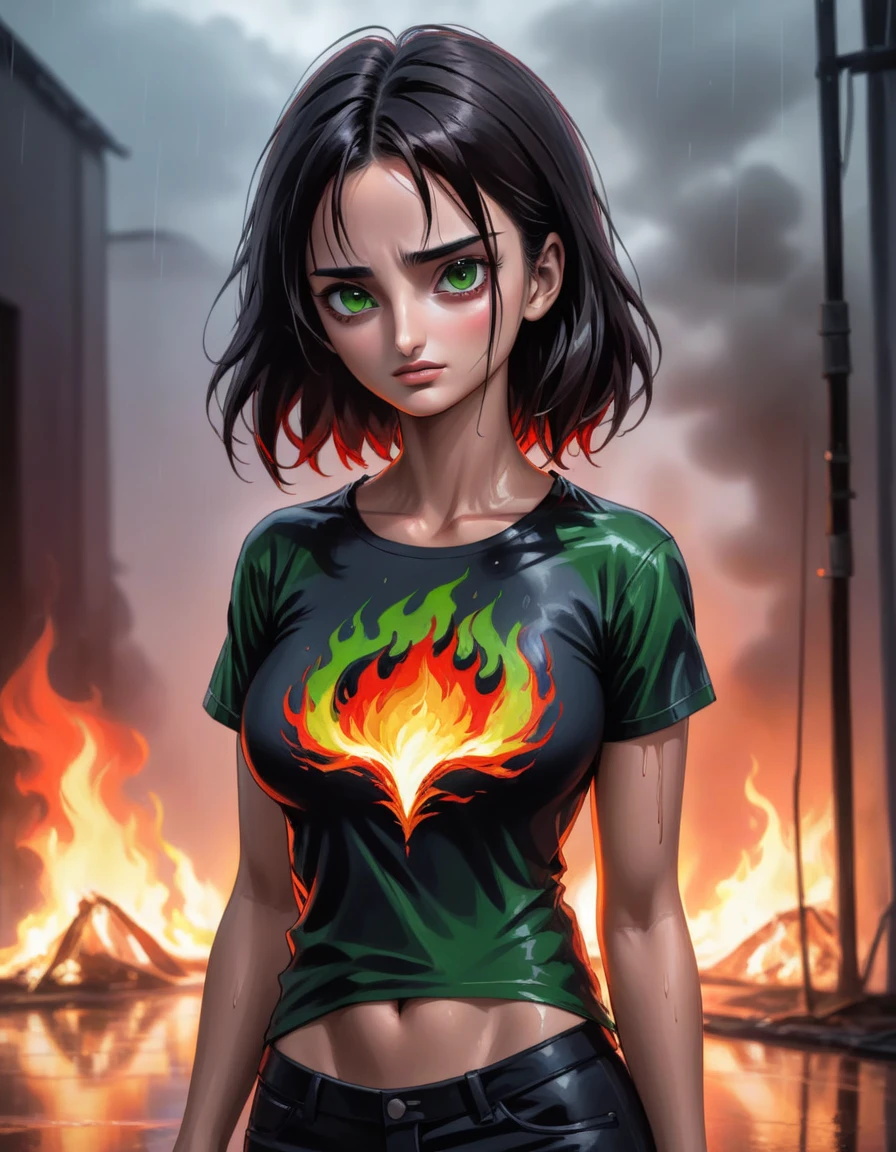 atmosphere oily rainy style animation 2.5D manga niji6 strong strokes art oil paint super details in art Penelope Cruz + venom girl in a tight t-shirt with red fire with green eyes with black tomoi in style reality photo realism maximum quality details super perfection state-of-the-art graphics