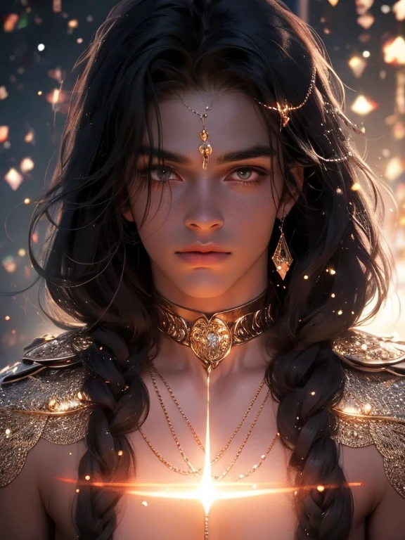 The magical look of a girl with wavy beige hair, Rainbow eyes , sparkling eyes ! just sparkles from the eyes - such a piercing look !! dark skin, Cute boy, boy with a beautiful face, Realistic anime style . Mysterious magic surrounds her !against the backdrop of the universe , with flashing lightning