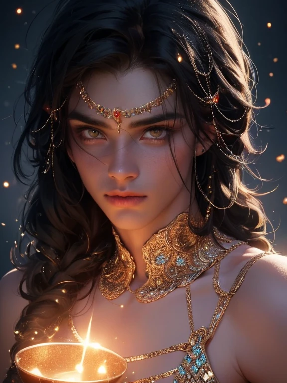 The magical look of a girl with wavy beige hair, Rainbow eyes , sparkling eyes ! just sparkles from the eyes - such a piercing look !! dark skin, Cute boy, boy with a beautiful face, Realistic anime style . Mysterious magic surrounds her !against the backdrop of the universe , with flashing lightning