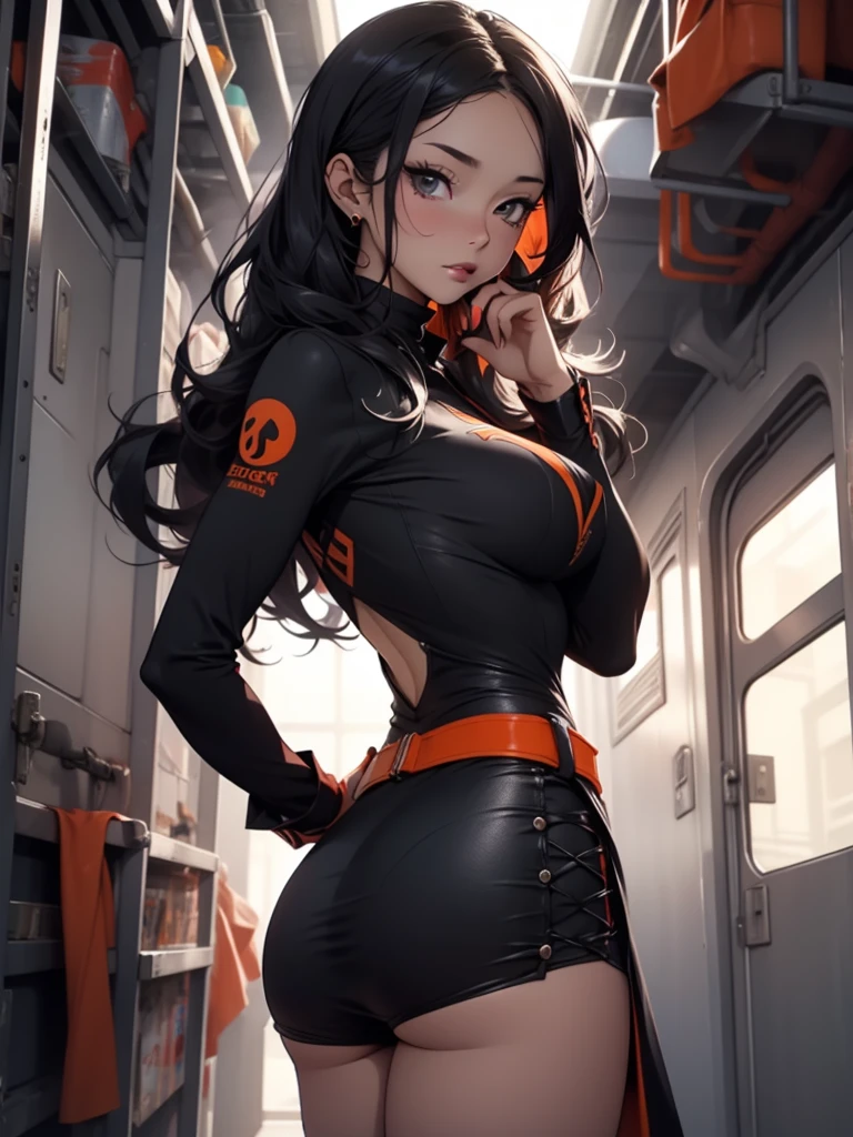 the spirit of Halloween in the form of a beautiful black woman, ( black and orange flowing hair, highly detailed face, medium_breast, ample hips, insanely detailed accentuated big booty, wearing gothic attire), the style of neo-traditoional Japanese, Magali Villeneuve, urban and edgy, extremely detailed, xiaofei Yue, dark crimson and orange, anime-inspired, traincore, --niji 5