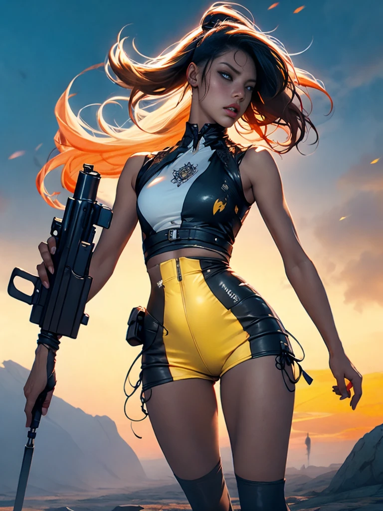 dark and torn, 1 young beautiful muscular body, fierce expression, holding a gun, (colors on her clothes, warm, orange, yellow, violet:1.3), standing on a desolate wasteland, dramatic lighting, intense shadows, sandy texture, tall contrast, vibrant colors, dynamic pose, powerful stance, rugged background, explosive atmosphere, dystopian theme, surreal elements, digitally painted illustration, HD resolution, intricate details, dramatic composition, avant-garde and chaotic brush strokes, gothic style, intense emotions, epic scale, raw and gritty feel, captivating and provocative artwork.