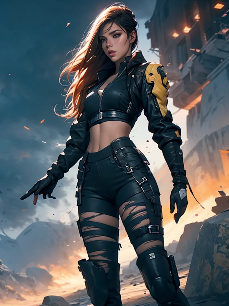 dark and torn, 1 young beautiful muscular body, fierce expression, holding a gun, (colors on her clothes, warm, orange, yellow, violet:1.3), standing on a desolate wasteland, dramatic lighting, intense shadows, sandy texture, tall contrast, vibrant colors, dynamic pose, powerful stance, rugged background, explosive atmosphere, dystopian theme, surreal elements, digitally painted illustration, HD resolution, intricate details, dramatic composition, avant-garde and chaotic brush strokes, gothic style, intense emotions, epic scale, raw and gritty feel, captivating and provocative artwork.