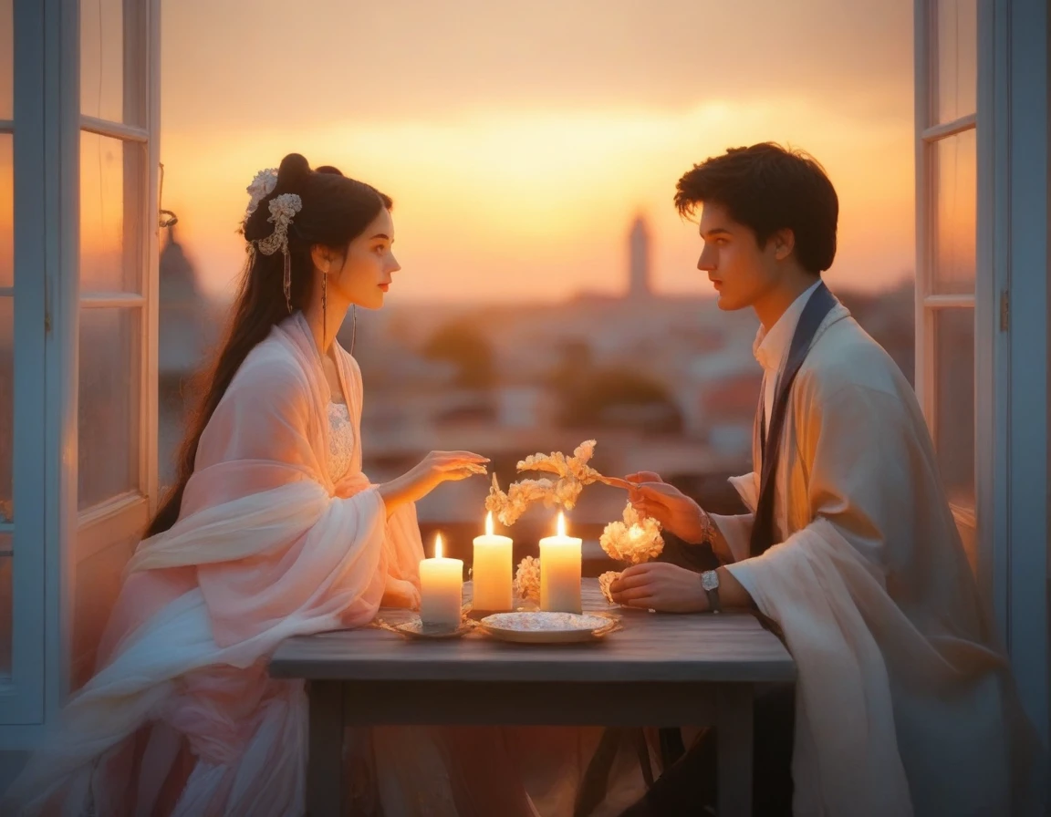 um homem e uma mulher sentados à mesa com velas à frente de uma janela, uma foto de Karl Völker, vencedor do concurso pexels, Romantismo, lindo pôr do sol romântico, casal romantico, cena romântica, romântico no telhado, sonhador e romântico, em estilo romântico, atmosfera romântica, atmosfera romântica, motor irreal ; tema romântico, ❤🔥🍄🌪