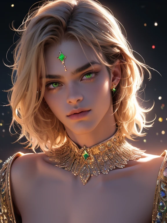 The magical look of a girl with wavy blond short hair, Emerald eyes , sparkling eyes ! just sparkles from the eyes - such a piercing look !! dark skin, Cute boy, boy with a beautiful face, Realistic anime style . Mysterious magic surrounds her !against the backdrop of the universe , with flashing lightning