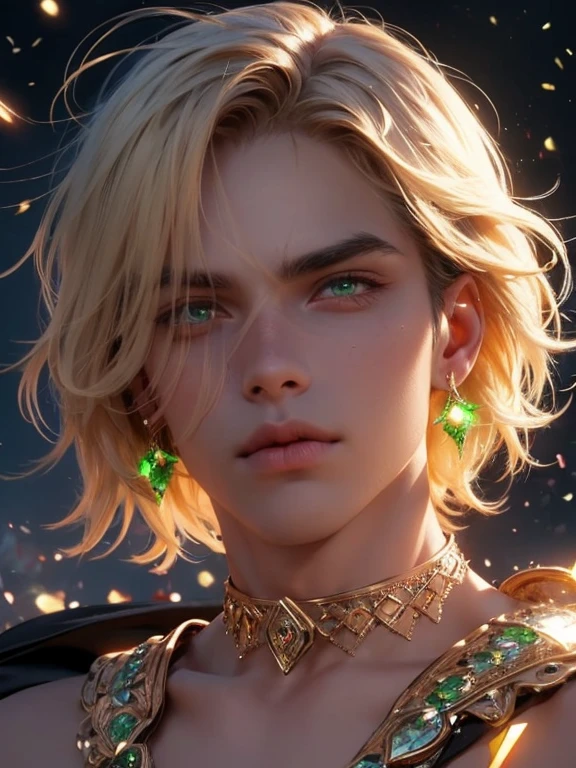 The magical look of a girl with wavy blond short hair, Emerald eyes , sparkling eyes ! just sparkles from the eyes - such a piercing look !! dark skin, Cute boy, boy with a beautiful face, Realistic anime style . Mysterious magic surrounds her !against the backdrop of the universe , with flashing lightning