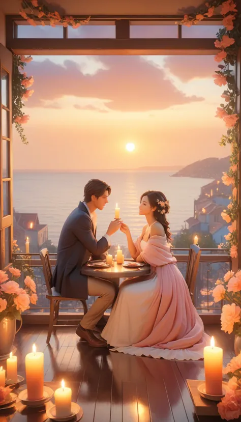 a man and woman sitting at a table with candles in front of a window, gorgeous romantic sunset, romantic couple, romantic scene,...