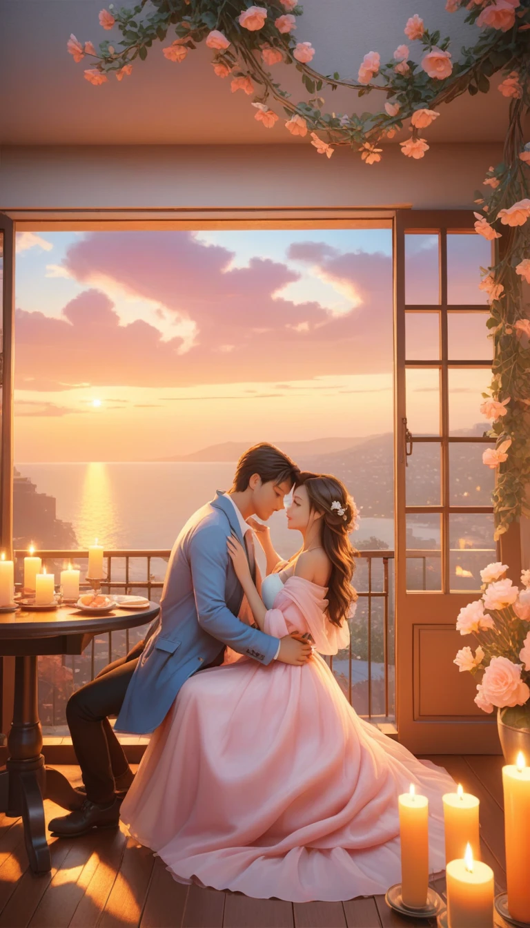 Ein Mann und eine Frau sitzen an einem Tisch mit Kerzen vor einem Fenster, gorgeous romantisch sunset, romantisch couple, romantisch scene, rooftop romantisch, dreamy and romantisch, in romantisch style, romantisch atmosphere, romantisch ambiente, unwirkliche Engine ; romantisch theme, ❤🔥🍄🌪, warme schöne Szene, romantisch themed, romantisch!!!, romantisch painting, romantisch light, Sommereinstellung