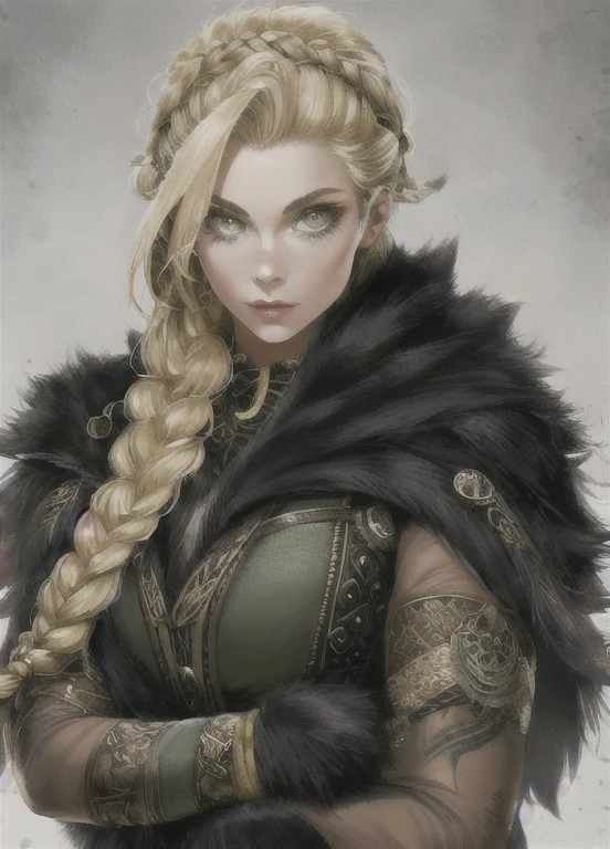 1girl,Norse, fur ,mature female , eyeliner, blonde hair, long hair, braid, fantasy, upper body (masterpiece, high quality:1.2)