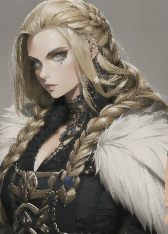 1girl,Norse, fur ,mature female , eyeliner, blonde hair, long hair, braid, fantasy, upper body (masterpiece, high quality:1.2)