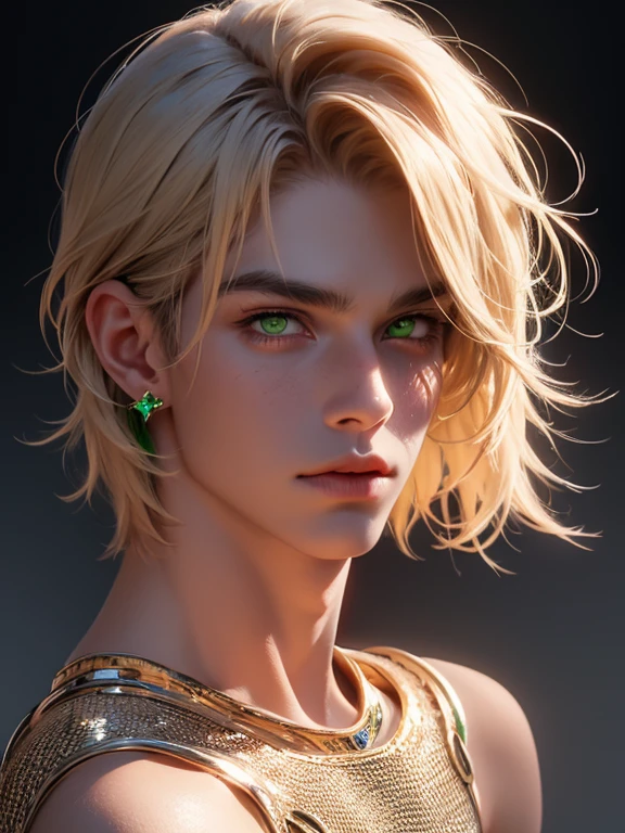 The magical look of a girl with wavy blond short hair, Emerald eyes , sparkling eyes ! just sparkles from the eyes - such a piercing look !! dark skin, Cute boy, boy with a beautiful face, Realistic anime style . Mysterious magic surrounds her !