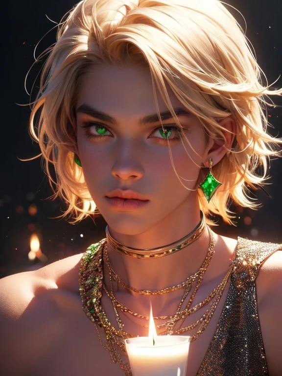 The magical look of a girl with wavy blond short hair, Emerald eyes , sparkling eyes ! just sparkles from the eyes - such a piercing look !! dark skin, Cute boy, boy with a beautiful face, Realistic anime style . Mysterious magic surrounds her ! Candle flame in front of her !