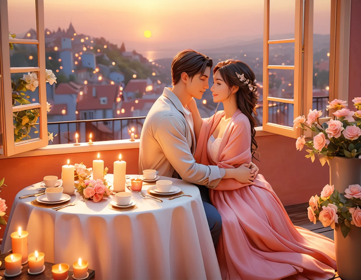 Un hombre y una mujer sentados en una mesa con velas frente a una ventana., hermosa puesta de sol romántica, pareja romantica, escena romantica, romantico en la azotea, soñador y romántico, en estilo romántico, ambiente romantico, romantic ambiente, Motor irreal ; tema romantico, ❤🔥🍄🌪, cálida y hermosa escena, tema romanticod, romantic!!!, pintura romantica, luz romantica, ambiente de verano