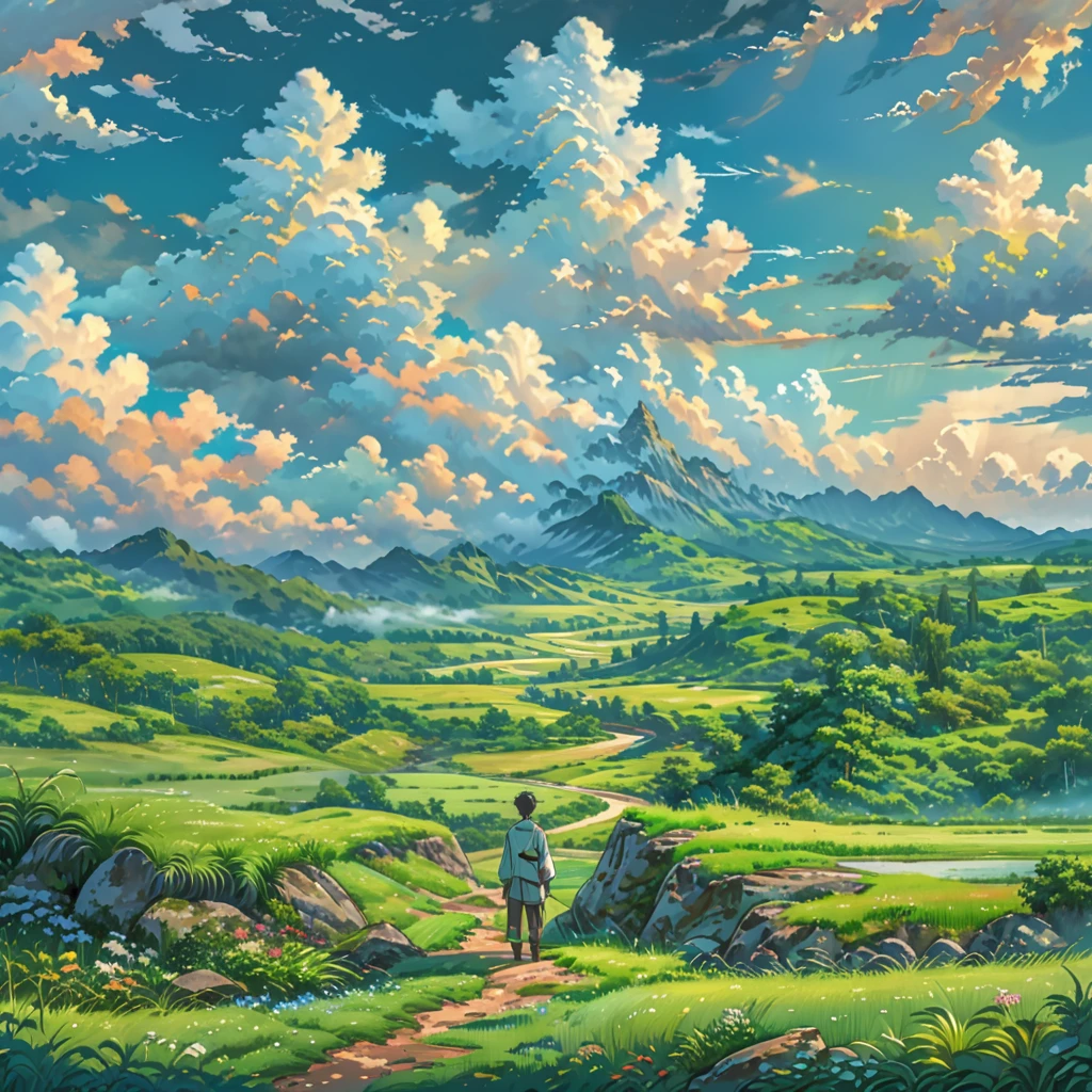 An anime man standing solemnly in a vast field of lush green grass, under an expansive sky with vibrant, blue clouds. The landscape is breathtakingly beautiful, depicted in ultra HD with high detail. The scene is vibrant and designed to look like an award-winning photograph, capturing a sense of melancholy and beauty.