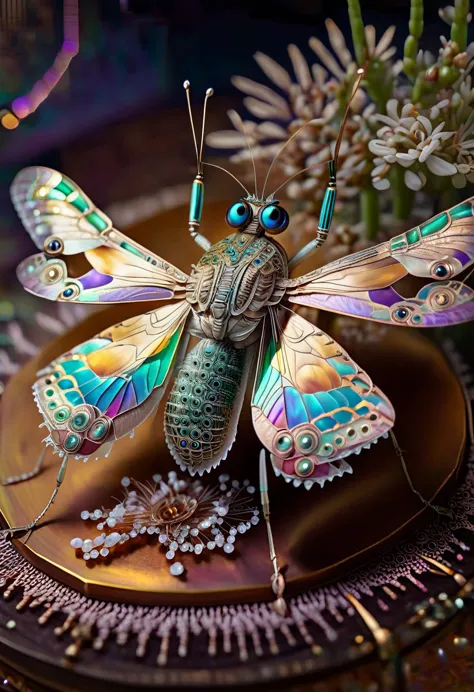 an amazing being tiny, with metallic colors and long antennas, compound eyes, like those of a mantis. iridescent wings with geom...