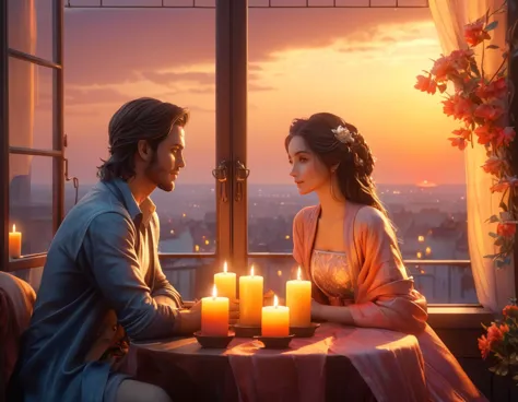 a man and woman sitting at a table with candles in front of a window, gorgeous romantic sunset, romantic couple, romantic scene,...