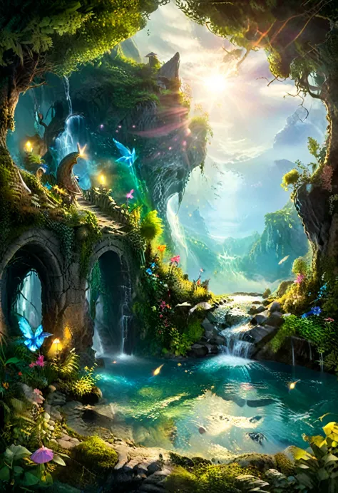 a hidden fantasy world with magical creatures,majestic landscapes,enchanted forests,sprawling mountains,mystical rivers,mythical...