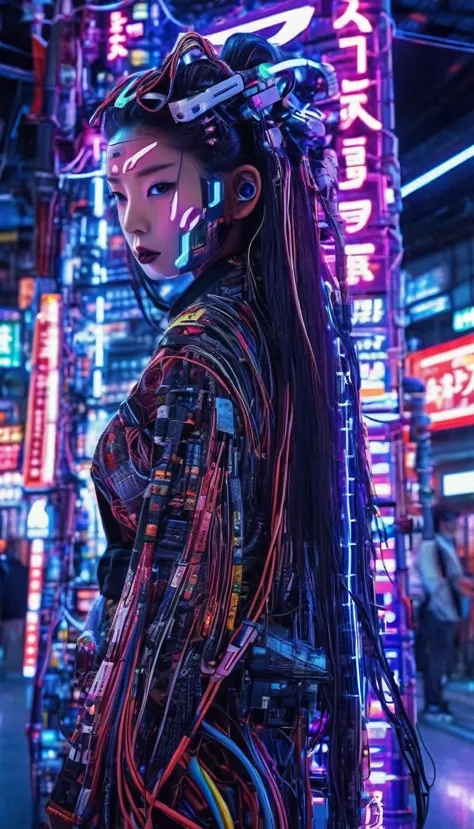 high technology, futuristic, cyborg girl, (photorealistic:1.4), long hair made of cables, robotic, lots of computer cables in th...