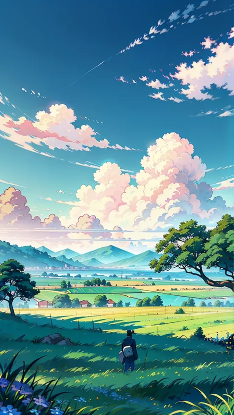 an anime man standing solemnly in a vast field of lush green grass, under an expansive sky with vibrant, blue clouds. the landsc...