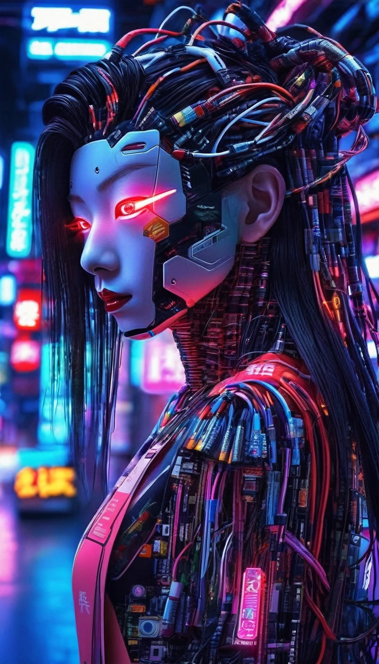 High technology, futuristic, cyborg girl, (photorealistic:1.4), long hair made of cables, robotic, lots of computer cables in the bacground, ultra high res, uhd, 8k, neon lights, japanese culture, kimono, jspanese demon