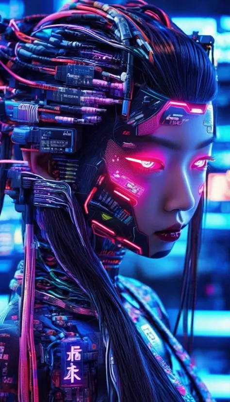 high technology, futuristic, cyborg girl, (photorealistic:1.4), long hair made of cables, robotic, lots of computer cables in th...