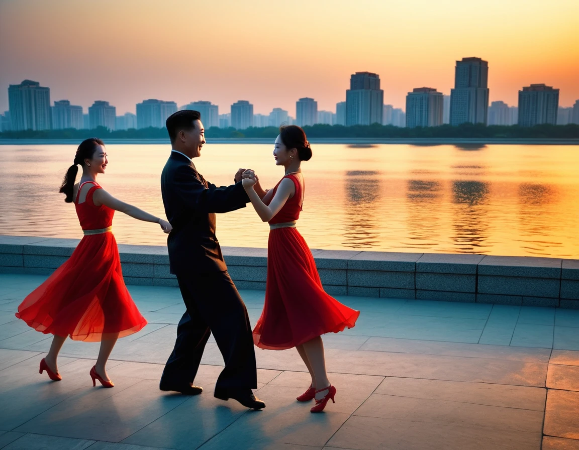 La gente está bailando en fila en una acera cerca de un cuerpo de agua., una foto de Ken Elias, Flickr, realismo fantástico, gente bailando, gente bailando in background, Escena de baile, película de alta calidad todavía, Pareja de baile, bailando unos con otros, zhuoxinye, noche de verano, pisoteando pyongyang, ciudad de pyongyang