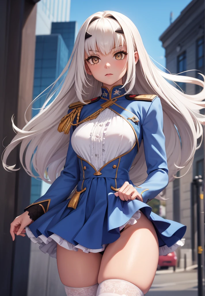 melusine, melusine, (brown eyes:1.5), long hair, white hair, sidelocks, (small breast:1.2),
BREAK blue dress, dress, frills, long sleeves, thighhighs, thighs, white thighhighs,
BREAK looking at viewer,
BREAK outdoors,
BREAK (masterpiece:1.2), best quality, high resolution, unity 8k wallpaper, (illustration:0.8), (beautiful detailed eyes:1.6), extremely detailed face, perfect lighting, extremely detailed CG, (perfect hands, perfect anatomy),