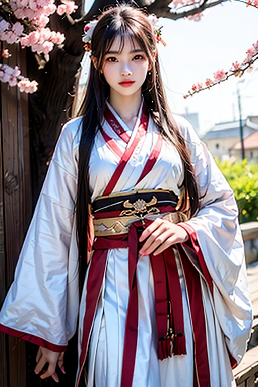 (high resolution, 1 woman, solo, shining skin, jewelry, waist up, white hair, hanfu, taoist robe, cherry blossom)