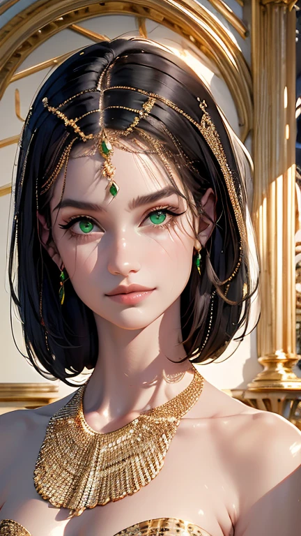 masterpiece, high quality, Beautiful woman in a gold necklace with emerald eyes.Best quality, very detailed, Ultra detailed, aspect ratio 9x16, marketing cover, impressive visual effects, clean layout, contrasting colors, bold fonts, Sleek design, Stunning graphics, attractive, modern look, eternal appeal, extremely detailed, extremely complex, photorealistic,