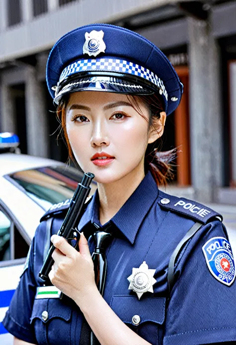 asian female police officer, masterpiece, extremely beautiful, close-face shot, modern street background