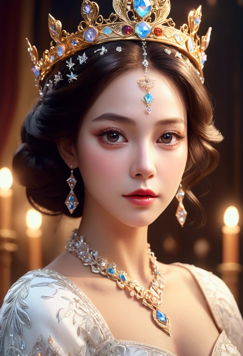 1 beautiful fantasy queen, princess portrait, gouache style art, 5D CGI animated fantasy, 8K highly detailed art, detailed face and eyes, long eyelashes, royal crown, white dress, elegant pose, intricate ornate background, warm lighting, cinematic composition, vibrant colors, photorealistic, masterpiece