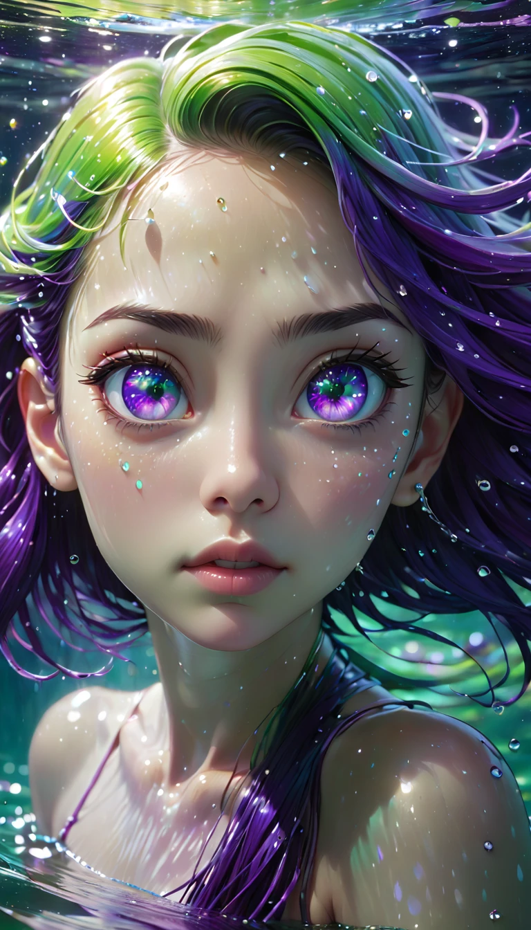 Girl swimming underwater,Ultra-detailed rendering style,Shine,,green,Brush,Surreal oil painting,Shine目,Head close-up,Exaggerated perspective,Tyndall effect,Water Drop,Mother of pearl rainbow color,holographic white,Black background,Purple Eyes,Stars in your eyesがある、Purple Hair,Stars in your eyes、Stars in my eyes