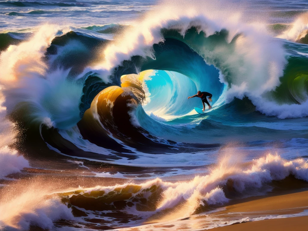 ((Highest quality, 8k)), ((masterpiece)), (detailed), Big Wave, Great impact, surfing, 1boy, The surfer is in a dynamic pose, Surfer in Focus, The facial expression is lively, The waves are sparkling in the sunlight, Realistic water splashes