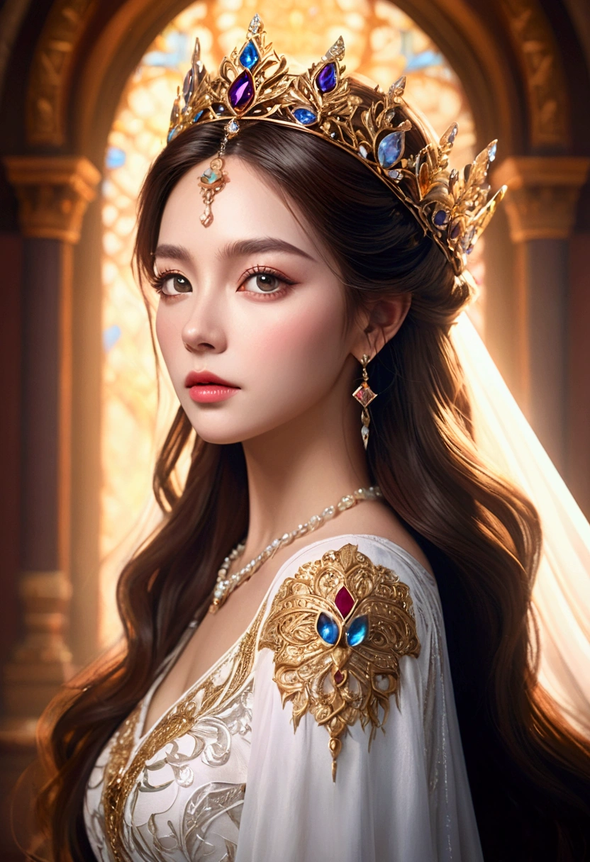 1 beautiful fantasy queen, princess portrait, gouache style art, 5D CGI animated fantasy, 8K highly detailed art, detailed face and eyes, long eyelashes, royal crown, white dress, elegant pose, intricate ornate background, warm lighting, cinematic composition, vibrant colors, photorealistic, masterpiece