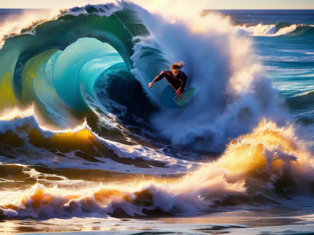 ((Highest quality, 8k)), ((masterpiece)), (detailed), Big Wave, Great impact, surfing, 1boy, The surfer is in a dynamic pose, (((Surfer in Focus))), The facial expression is lively, Powerful waves like the ones in the photo, The waves are sparkling in the sunlight, Realistic water splashes