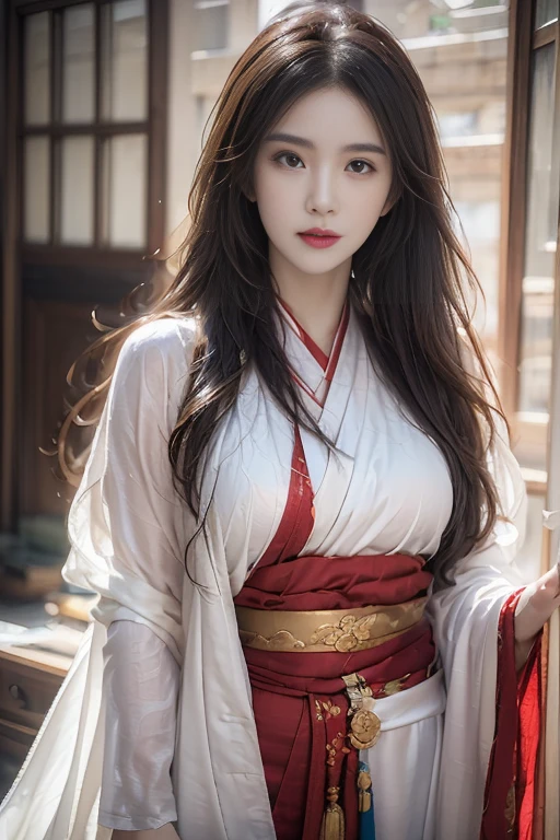 (a detailed, beautiful Chinese girl in a dramatic dynamic pose, wearing the traditional Hanfu, made with silk fabric, cowboy shot, the most beautiful form of chaos, looking at the audience, elegant, fauvist design, bright colors, (best quality, 4k, 8k, highres, masterpiece:1.2), ultra-detailed, (realistic, photorealistic, photo-realistic:1.37), HDR, UHD, studio lighting, ultra-fine painting, sharp focus, physically-based rendering, extreme detail description, professional, vivid colors, bokeh, portraits, concept art, fractal art:1.3, atmospheric, SFW.)