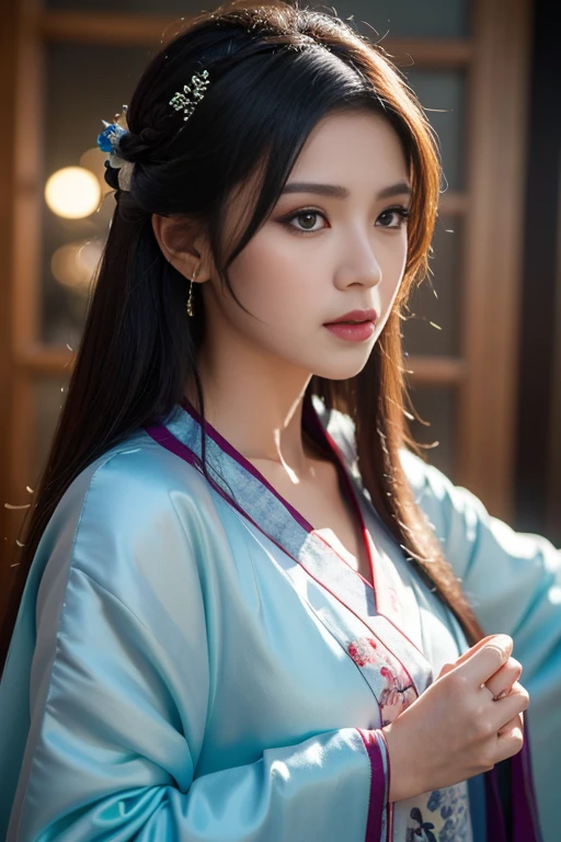 (a detailed, beautiful Chinese girl in a dramatic dynamic pose, wearing the traditional Hanfu, made with silk fabric, cowboy shot, the most beautiful form of chaos, looking at the audience, elegant, fauvist design, bright colors, (best quality, 4k, 8k, highres, masterpiece:1.2), ultra-detailed, (realistic, photorealistic, photo-realistic:1.37), HDR, UHD, studio lighting, ultra-fine painting, sharp focus, physically-based rendering, extreme detail description, professional, vivid colors, bokeh, portraits, concept art, fractal art:1.3, atmospheric, SFW.)