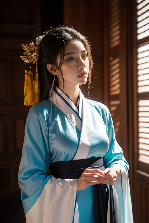 (a detailed, beautiful Chinese girl in a dramatic dynamic pose, wearing the traditional Hanfu, made with silk fabric, cowboy shot, the most beautiful form of chaos, looking at the audience, elegant, fauvist design, bright colors, (best quality, 4k, 8k, highres, masterpiece:1.2), ultra-detailed, (realistic, photorealistic, photo-realistic:1.37), HDR, UHD, studio lighting, ultra-fine painting, sharp focus, physically-based rendering, extreme detail description, professional, vivid colors, bokeh, portraits, concept art, fractal art:1.3, atmospheric, SFW.)