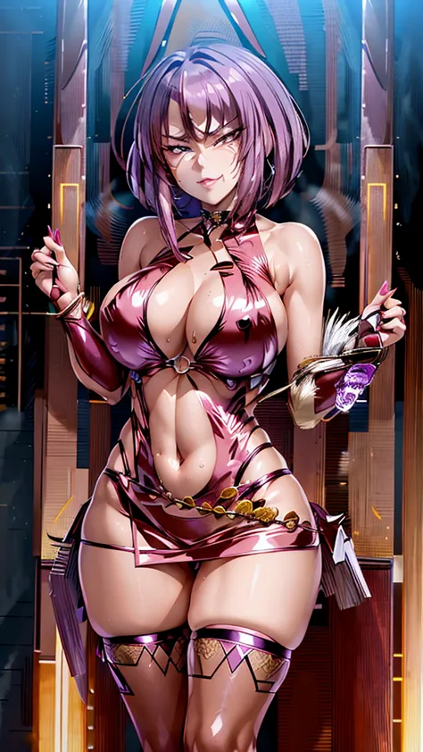 purple eyes, (best quality, masterpiece painting,:1.1), Oboro, mature female, full body shot, bodycon, micro skirt, navel cutout...