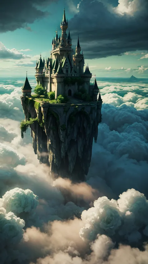Wonderful CG painting, Unobscured, Light green clouds, castle, Garden above the clouds, A few drops of water falling from the cl...