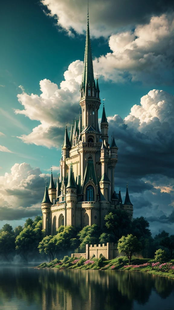 Maravillosa pintura CG, despejado, Nubes verde claro, castillo, Jardín sobre las nubes, unas gotas de agua cayendo de las nubes, Mar de rosas verde claro, imágenes de alta definición, Motor irreal, ArtStation 4k HD Tendencias